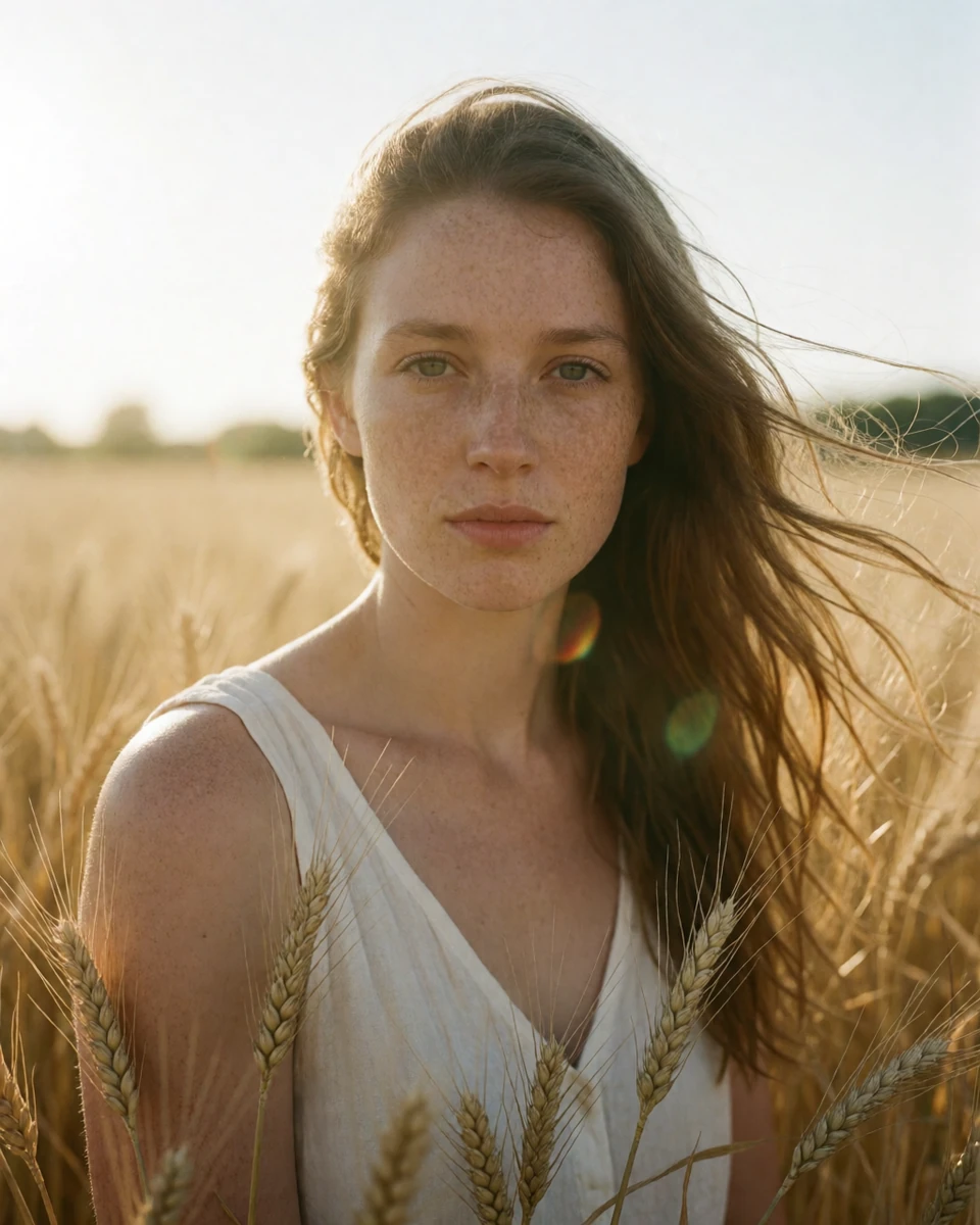 Portrait of a freckled young woman in a wheat field at golden hour, generated by engine on Krea 2 Turbo