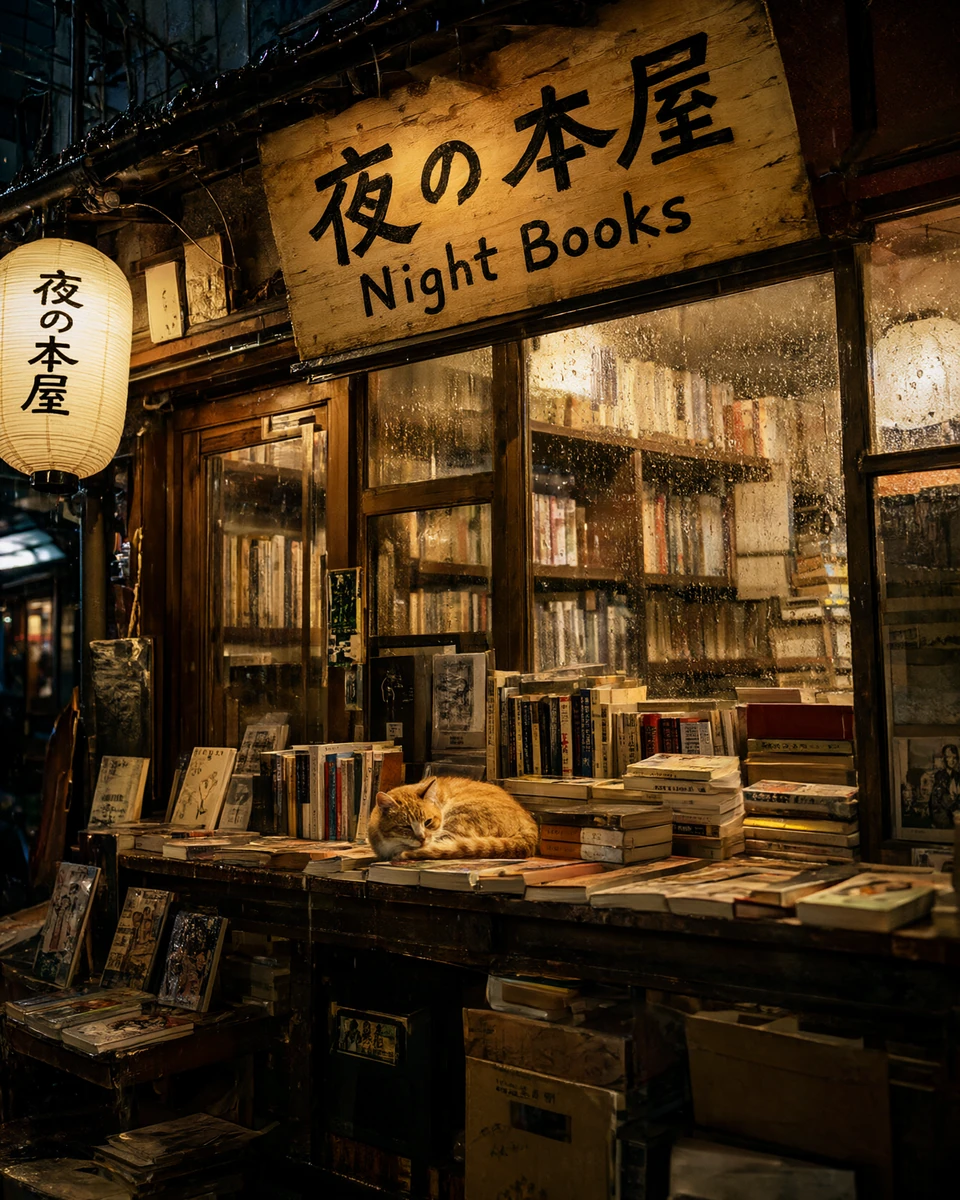 A rainy Tokyo bookshop with a sign reading 夜の本屋 Night Books, generated by engine on Qwen-Image 2.1