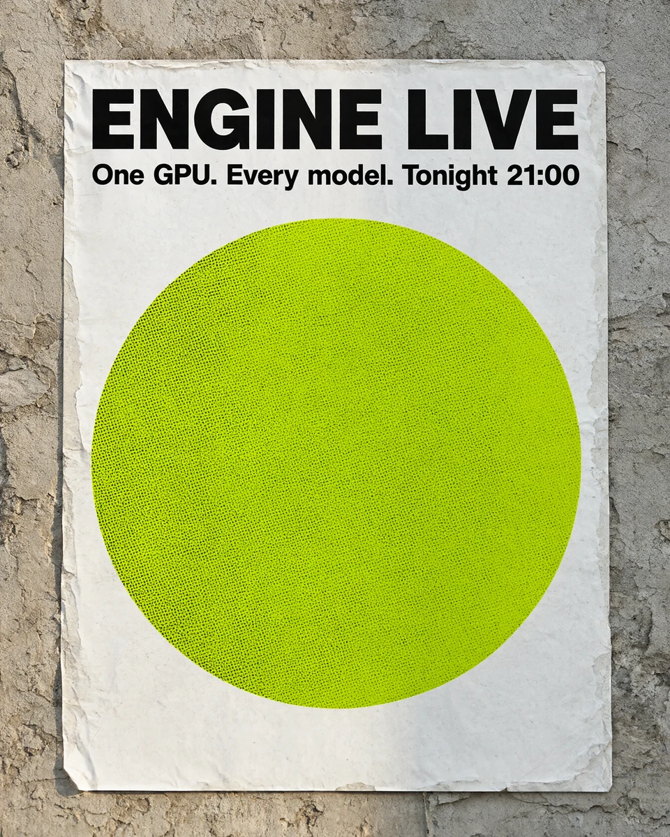 A concert poster reading ENGINE LIVE with crisp lettering, generated by engine on Qwen-Image 2.1